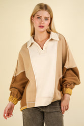 Color Block Johnny Collar Frenchy Terry Sweatshirt Very J Taupe S/M